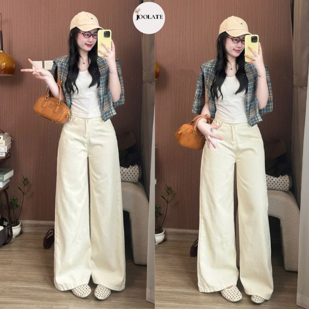 Quần jeans bò màu kem ống suông rộng hơi loe nhẹ phom dài phủ chân phong cách Hàn Quốc Joolate