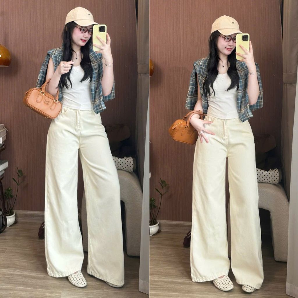 Quần jeans bò màu kem ống suông rộng hơi loe nhẹ phom dài phủ chân phong cách Hàn Quốc Joolate