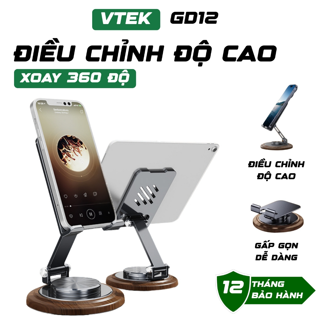 Giá đỡ điện thoại xoay 360 độ chất liệu NHÔM VTEK, Chống Trượt, Hợp Kim Chắc Chắn, Gấp gọn, Giá đỡ Livetream Học Tập