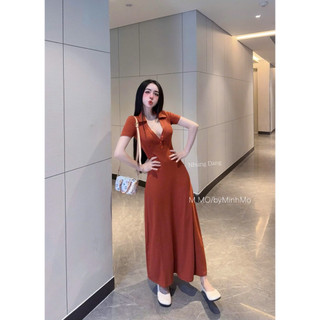 Váy Thun Body Maxi Xoè Cổ Bẻ Khuy Ngực Chuẩn Nhung Đặng