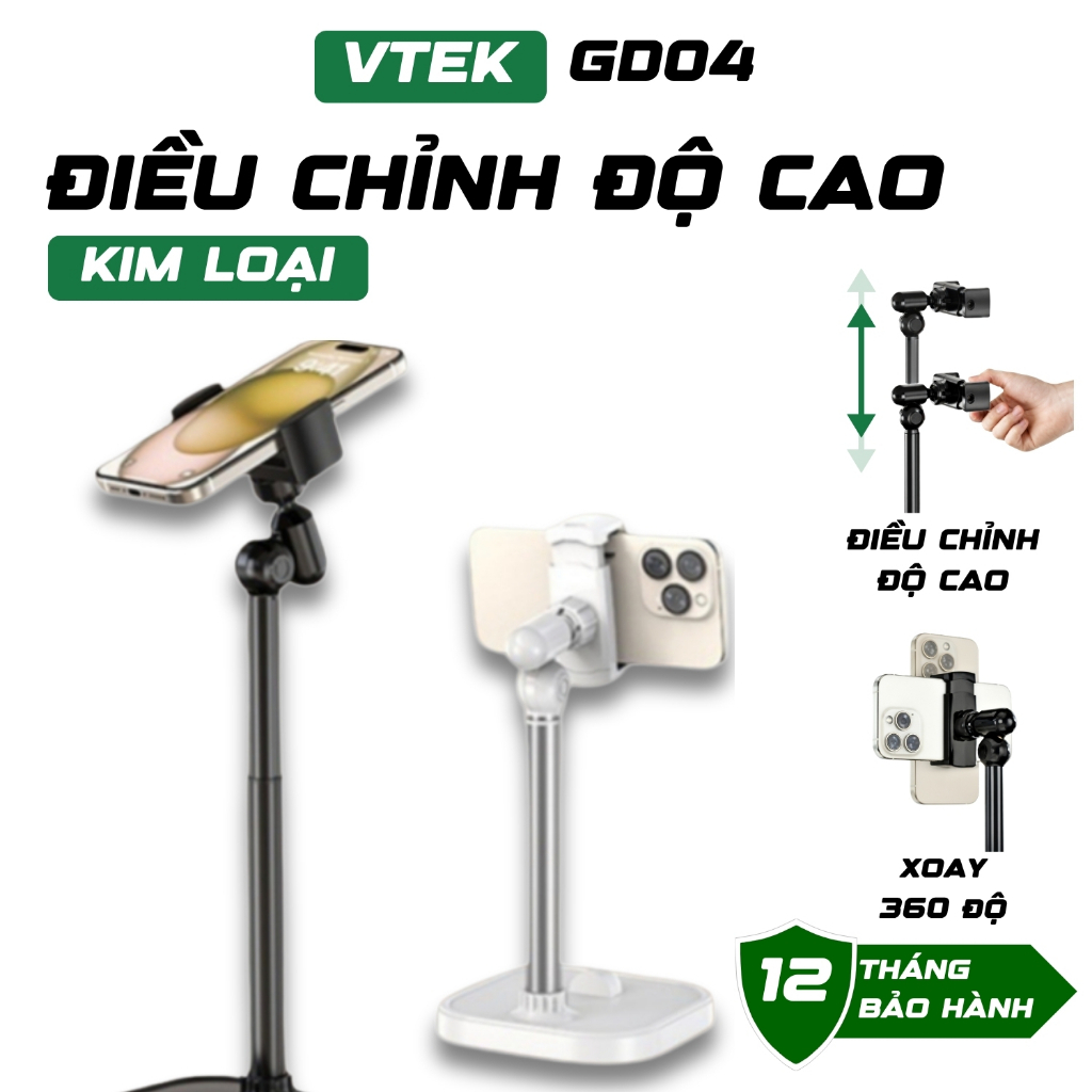 Giá Đỡ Điện Thoại Livestream VTEK GD04 – Kẹp Điện Thoại Quay Video, Góc Xoay 360°, Điều Chỉnh Chiều Cao