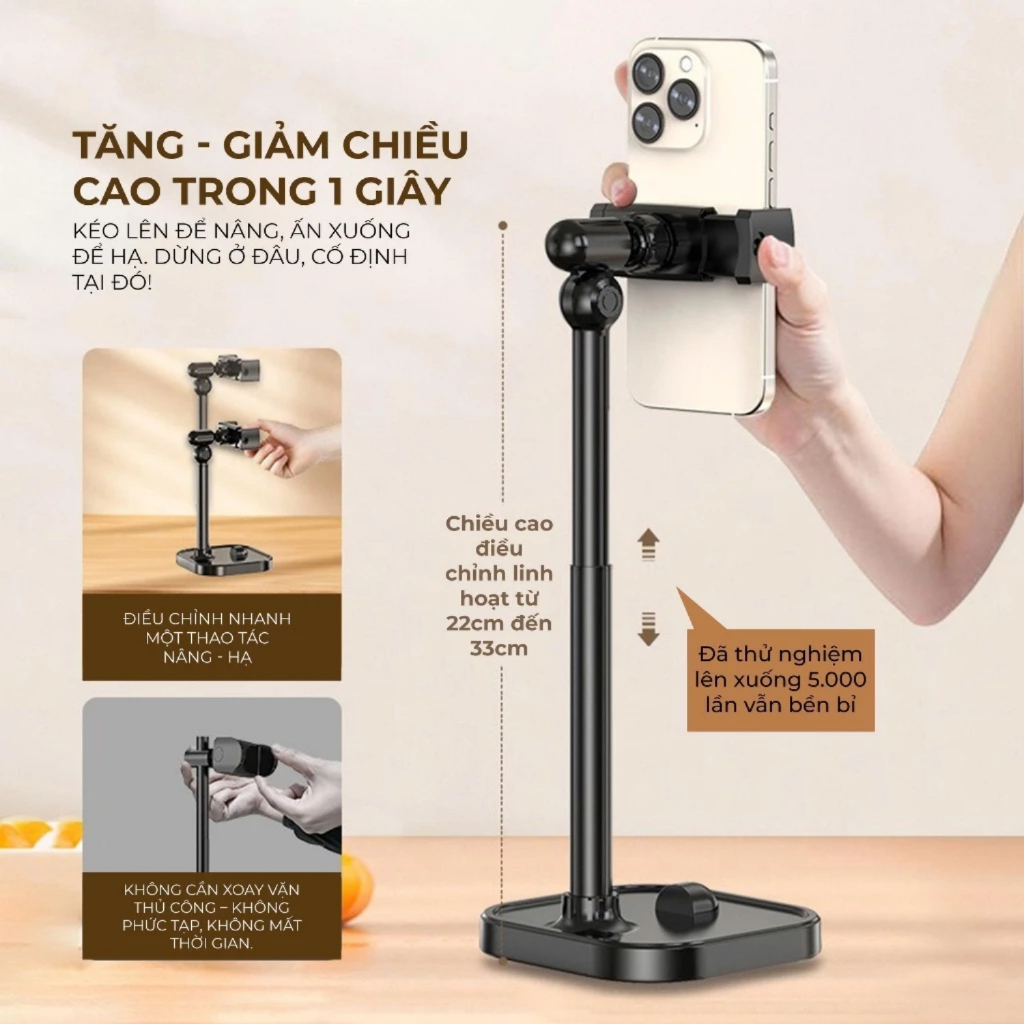 Giá Đỡ Điện Thoại Livestream VTEK GD04 – Kẹp Điện Thoại Quay Video, Góc Xoay 360°, Điều Chỉnh Chiều Cao