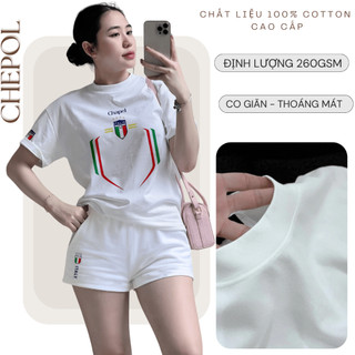 Bộ Áo Phông Nữ Chepol in Chapel, Cổ Tròn, Tay Ngắn, Phối Quần Đùi, Chất Cotton ( Áo Thun Trắng + Quần Đùi Trắng)CP_21649