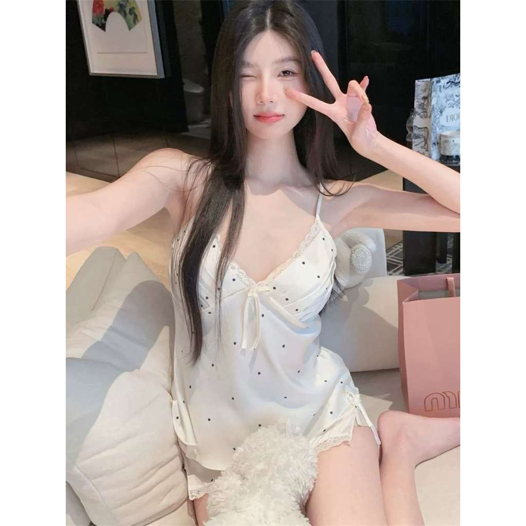 Hàng QC cao cấp. Bộ lụa 2 dây mặc ở nhà, đồ ngủ 2 dây xếp ly chéo ngực hoạ tiết T123