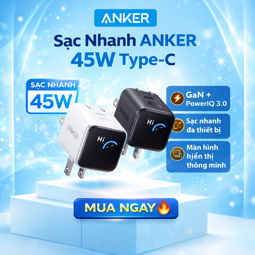 [Anker VN] Sạc Anker Nano 45W, Sạc Nhanh USB C Nhỏ Gọn với Phích Cắm Gấp Được Model A121D - Bảo Hành 18 Tháng