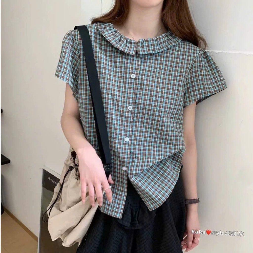 Áo sơ mi kẻ cổ sen cộc tay 3893 A104