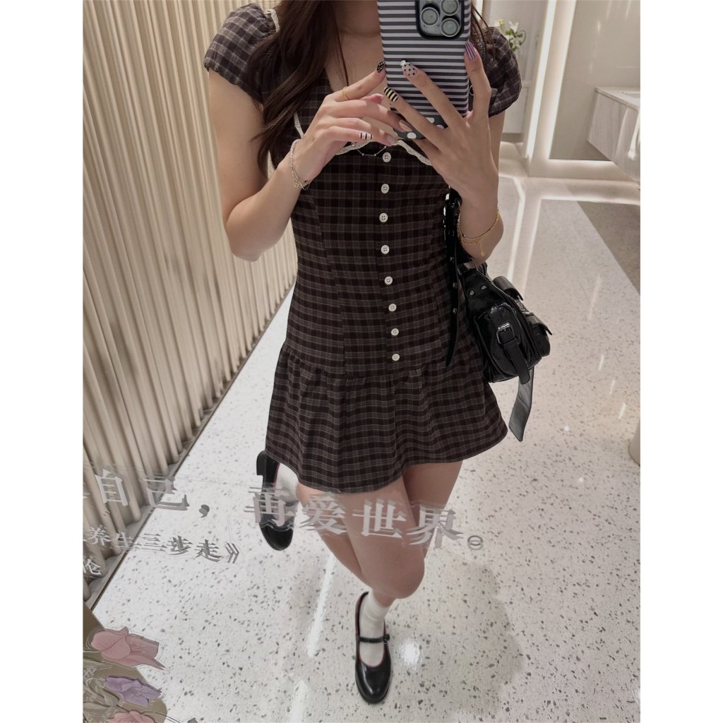 [SẴN] ONESOON Đầm ngắn dáng xòe họa tiết caro cộc tay cổ sen phôi ren kèm quần short ngắn dáng bí vintage mùa hè cho nữ