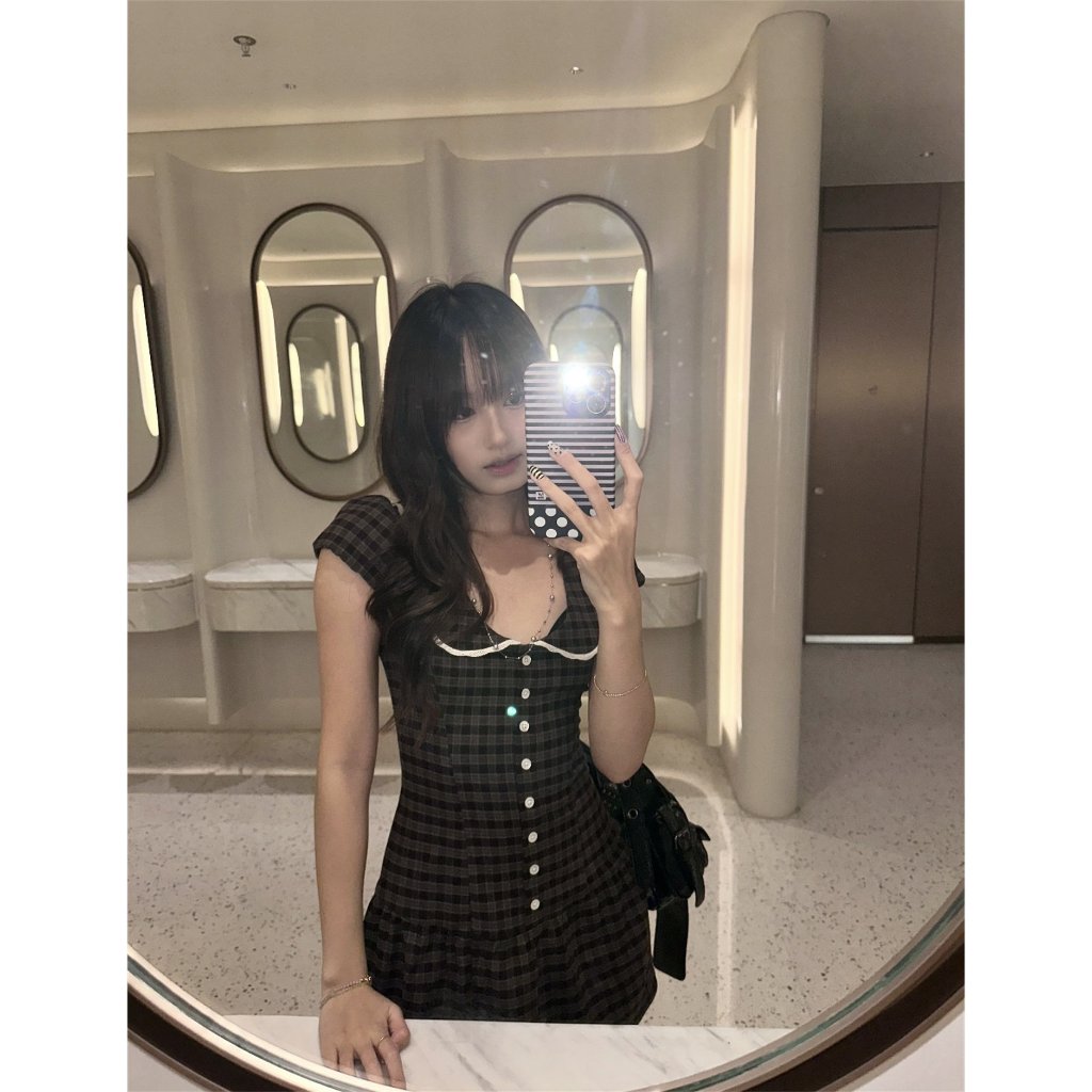 [SẴN] ONESOON Đầm ngắn dáng xòe họa tiết caro cộc tay cổ sen phôi ren kèm quần short ngắn dáng bí vintage mùa hè cho nữ