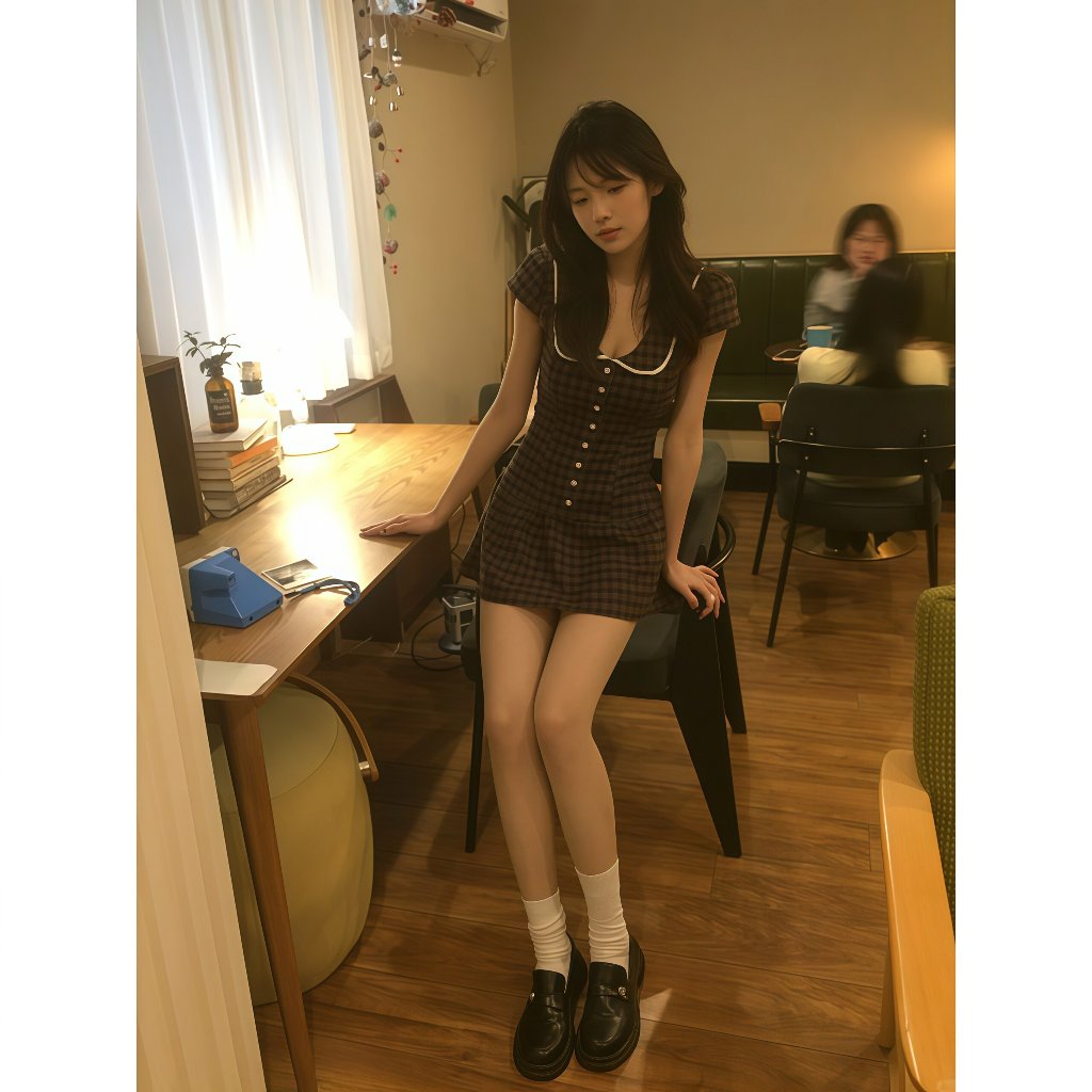 [SẴN] ONESOON Đầm ngắn dáng xòe họa tiết caro cộc tay cổ sen phôi ren kèm quần short ngắn dáng bí vintage mùa hè cho nữ