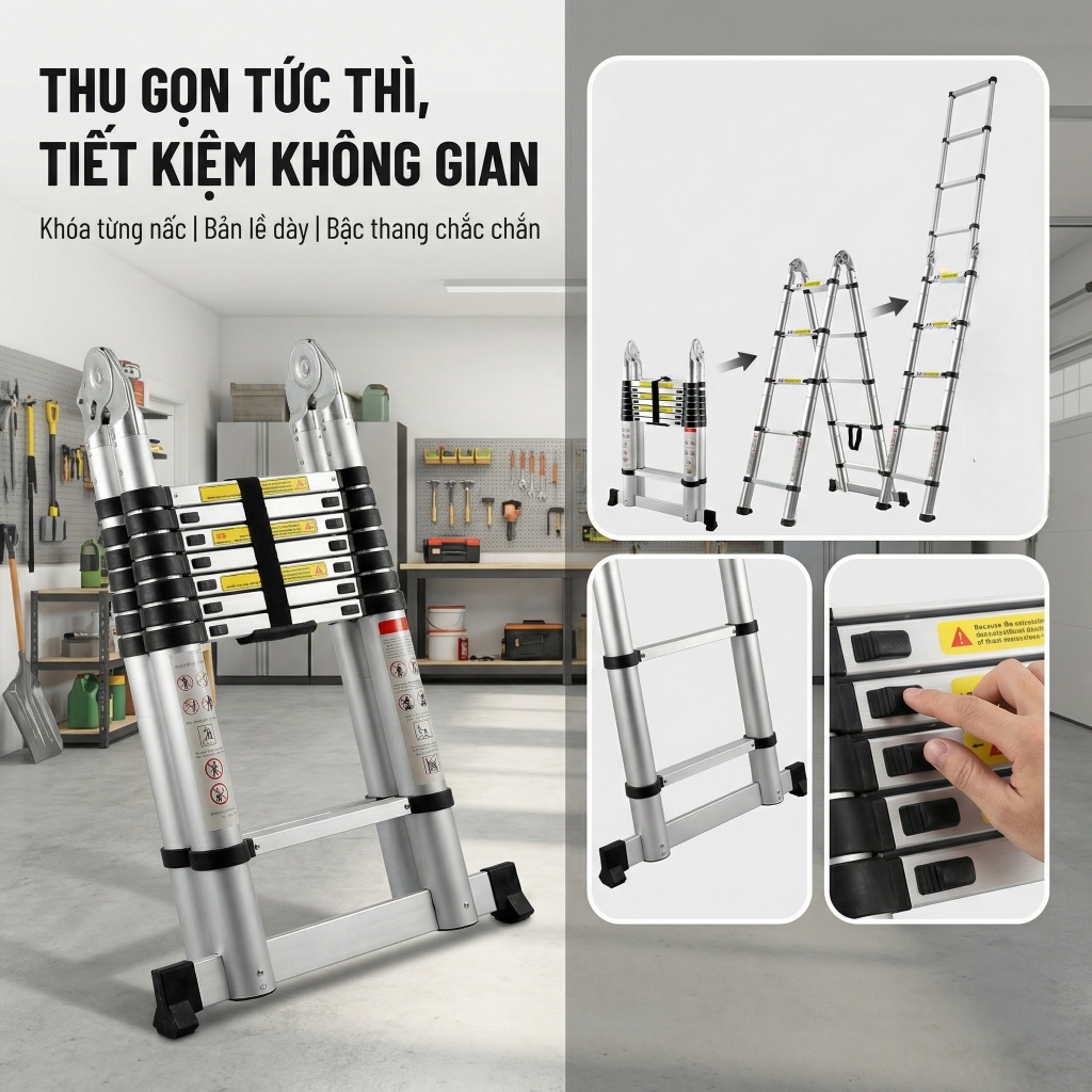 Thang Rút Nhôm Inox Chữ A  Nhập Khẩu Thang Rút Đôi Đơn Chất Liệu Nhôm Inox 1.7M-6M