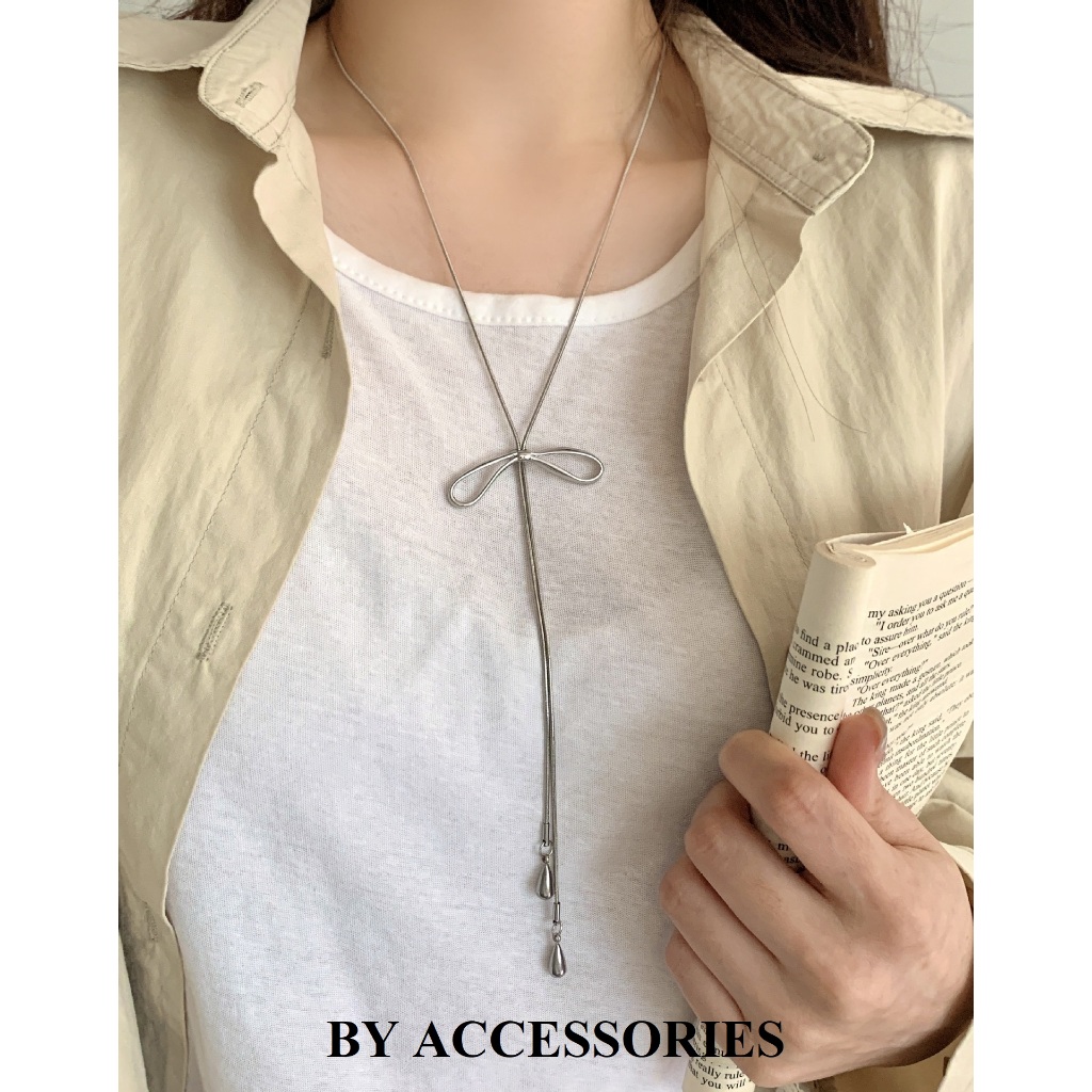 Dây chuyền nữ titan dáng dài kiểu mì rút phối mặt thắt nơ xinh không gỉ WN2638 BY ACCESSORIES