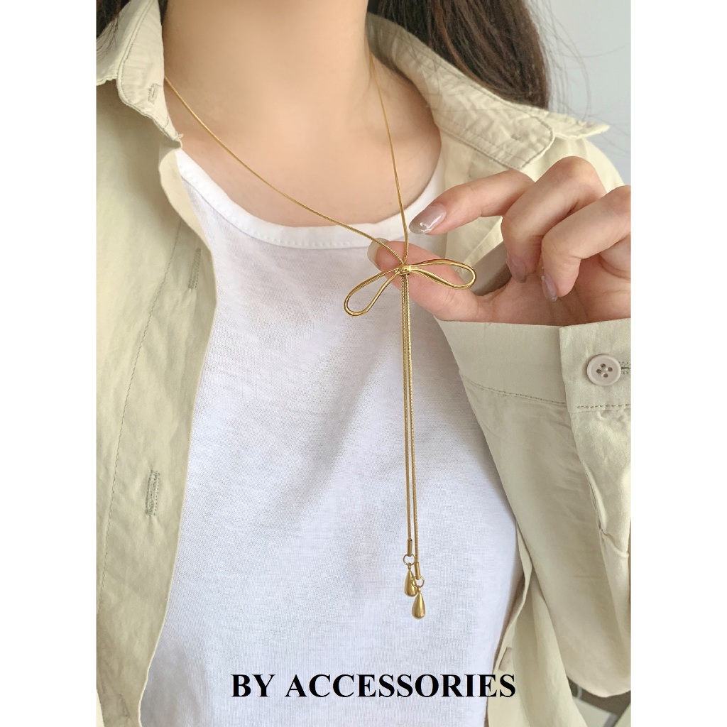 Dây chuyền nữ titan dáng dài kiểu mì rút phối mặt thắt nơ xinh không gỉ WN2638 BY ACCESSORIES