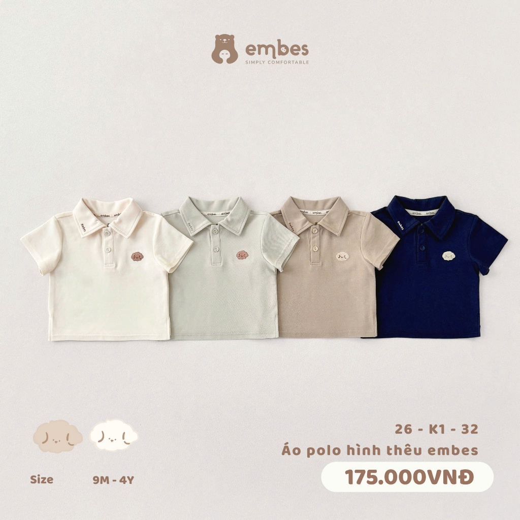 Áo Sơ Mi Cho Bé Embes, Áo Sơ Mi Cộc Tay Thêu Họa Tiết Chất Mềm Mát Cho Bé Trai Bé Gái Từ 8-18Kg