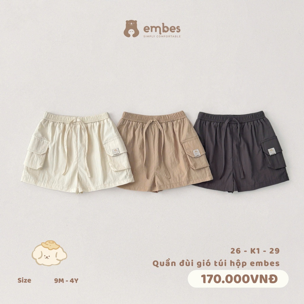 Quần Đùi Cho Bé Embes, Quần Cộc Chất Vải Gió Phối Túi Hộp Cho Bé Trai Bé Gái Size Từ 8-18Kg