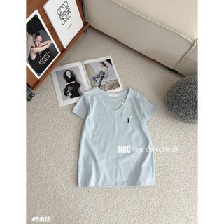 Áo thun cổ tim thêu ngựa cộc mềm mỏng