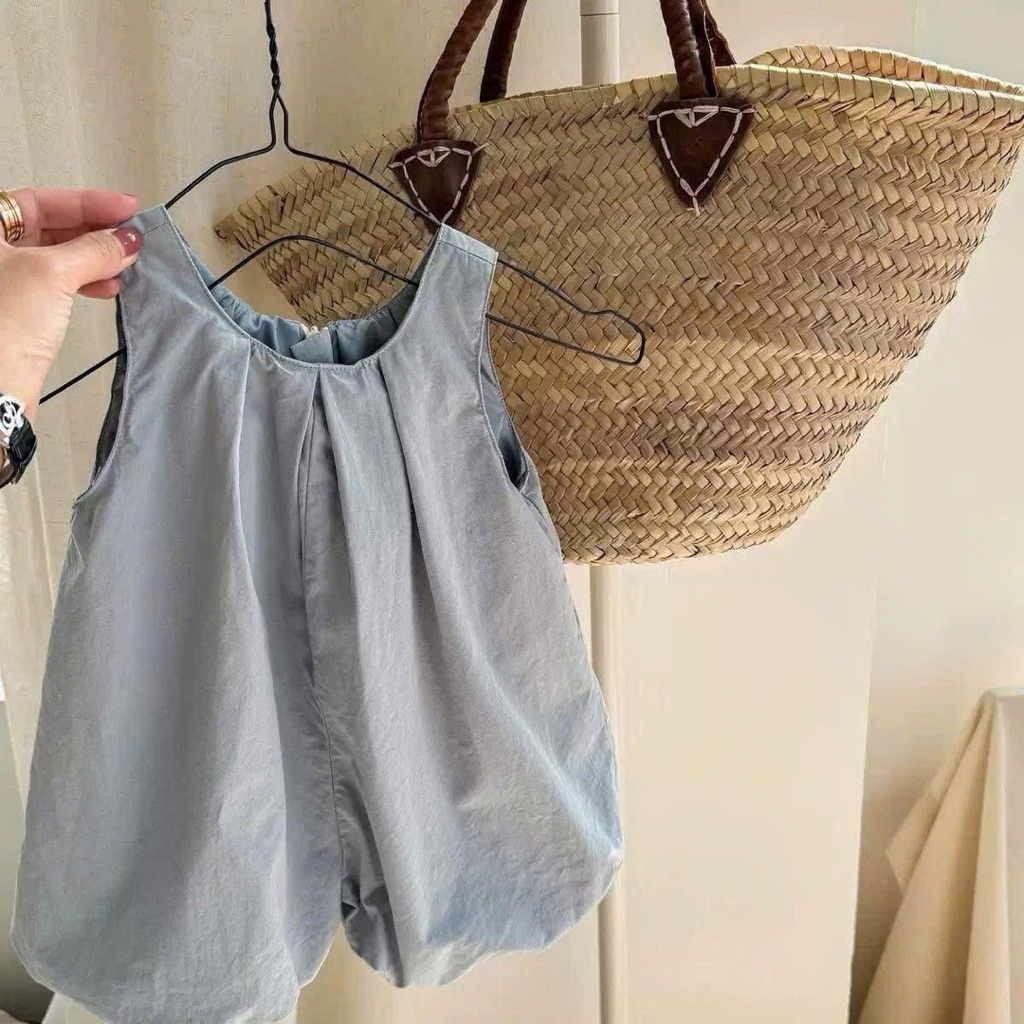 (Order) Yếm sát nách dáng bí phồng cổ tròn vải thô đũi thoáng mát mùa hè dành cho bé gái