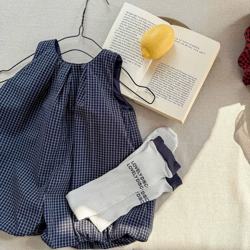 (Order) Yếm sát nách dáng bí phồng cổ tròn vải thô đũi thoáng mát mùa hè dành cho bé gái