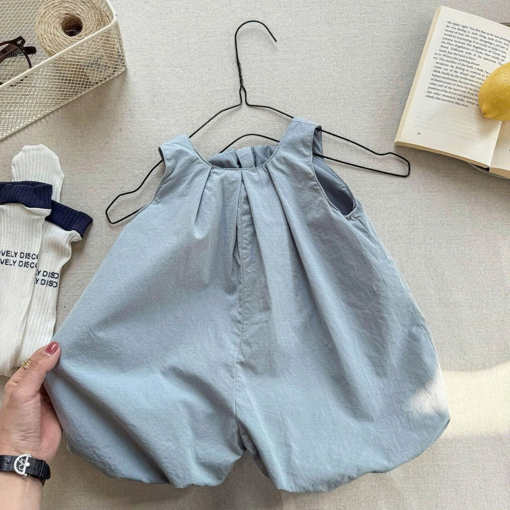 (Order) Yếm sát nách dáng bí phồng cổ tròn vải thô đũi thoáng mát mùa hè dành cho bé gái