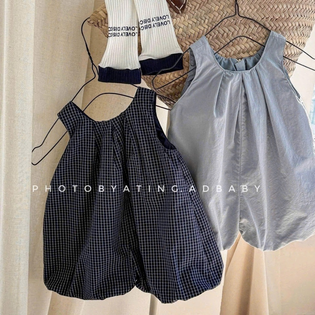 (Order) Yếm sát nách dáng bí phồng cổ tròn vải thô đũi thoáng mát mùa hè dành cho bé gái
