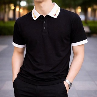 Áo Polo Nam Cao Cấp Phối Màu Trắng Đen Cổ Thêu Họa Tiết Ong Tinh Tế, Chất Liệu Mềm Mịn Thoáng Mát,