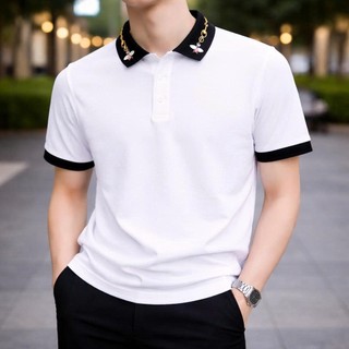 Áo Polo Nam Cao Cấp Phối Màu Trắng Đen Cổ Thêu Họa Tiết Ong Tinh Tế, Chất Liệu Mềm Mịn Thoáng Mát,