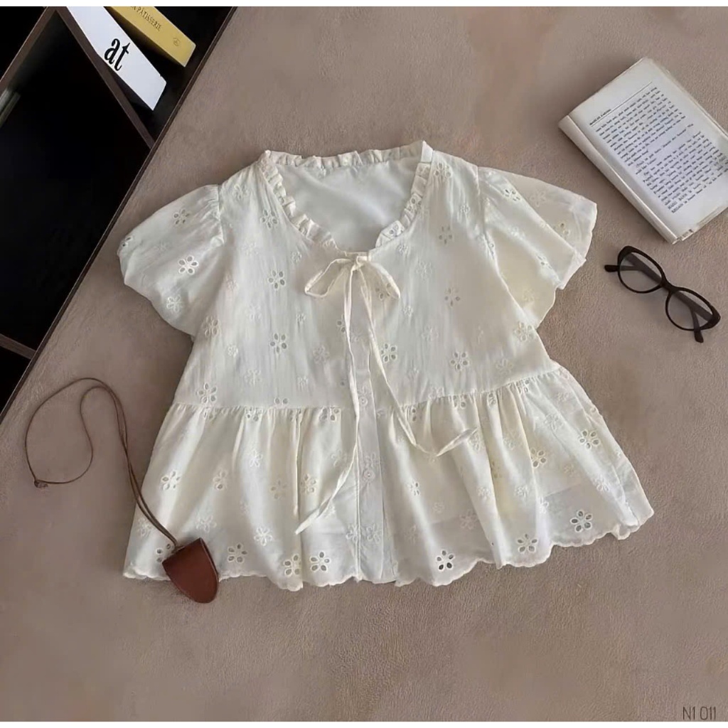Aó Babydoil Thô Boi Nữ  2 lớp Phối cổ Viền  bèo  Thắt nơ,tay bồng phong cách Hàn Quốc  dễ thương