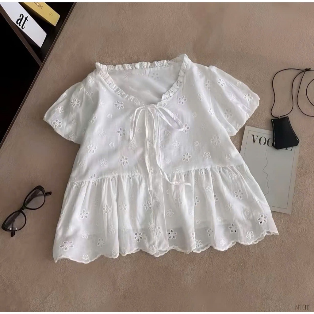 Aó Babydoil Thô Boi Nữ  2 lớp Phối cổ Viền  bèo  Thắt nơ,tay bồng phong cách Hàn Quốc  dễ thương