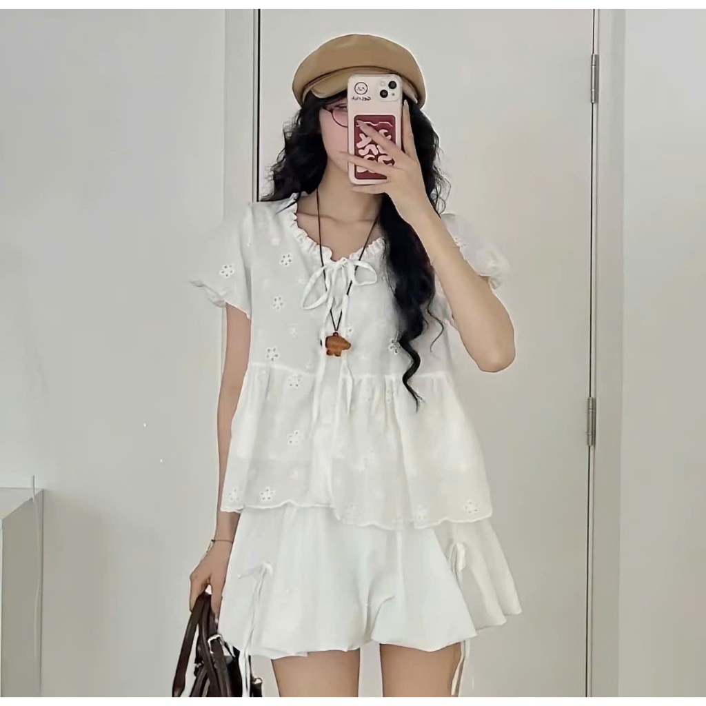 Aó Babydoil Thô Boi Nữ  2 lớp Phối cổ Viền  bèo  Thắt nơ,tay bồng phong cách Hàn Quốc  dễ thương