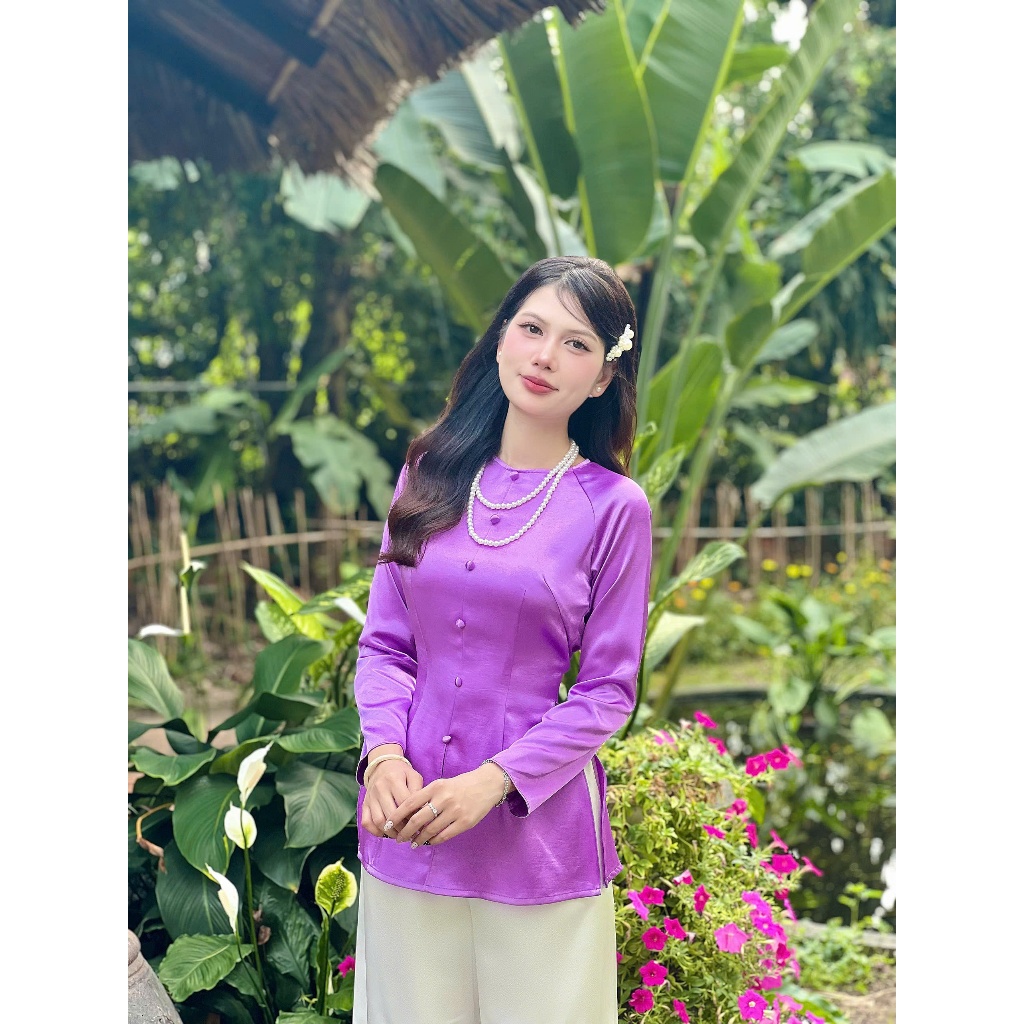 Hân Nguyễn Áo Bà Ba - B.A180 - Áo Bà Ba Lụa Valentinoo Châu Sa Cao Cấp Cổ Tròn Nút Nụ Dây Kéo ( Quần Ngọc Trai )