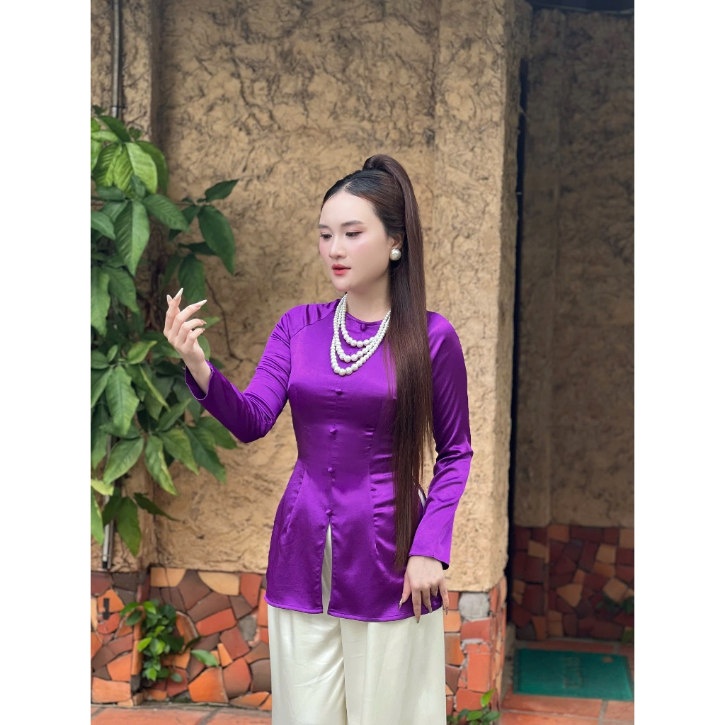 Hân Nguyễn Áo Bà Ba - B.A180 - Áo Bà Ba Lụa Valentinoo Châu Sa Cao Cấp Cổ Tròn Nút Nụ Dây Kéo ( Quần Ngọc Trai )
