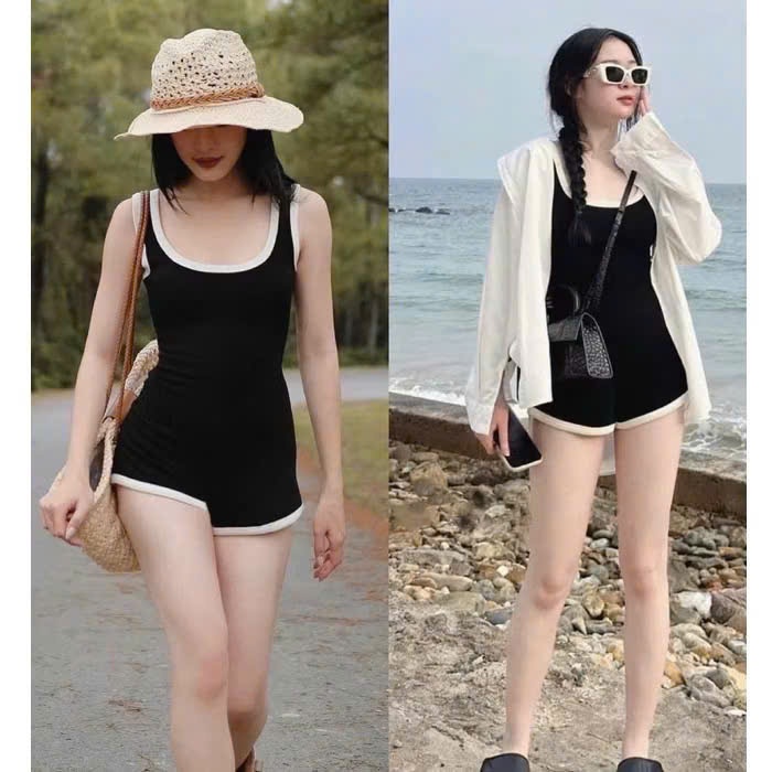 SET Jumsuit Nữ Đi Biển Màu Đen Phối viền l1 chất Xleo  cao cấp