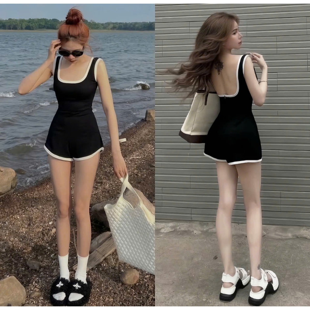 SET Jumsuit Nữ Đi Biển Màu Đen Phối viền l1 chất Xleo  cao cấp