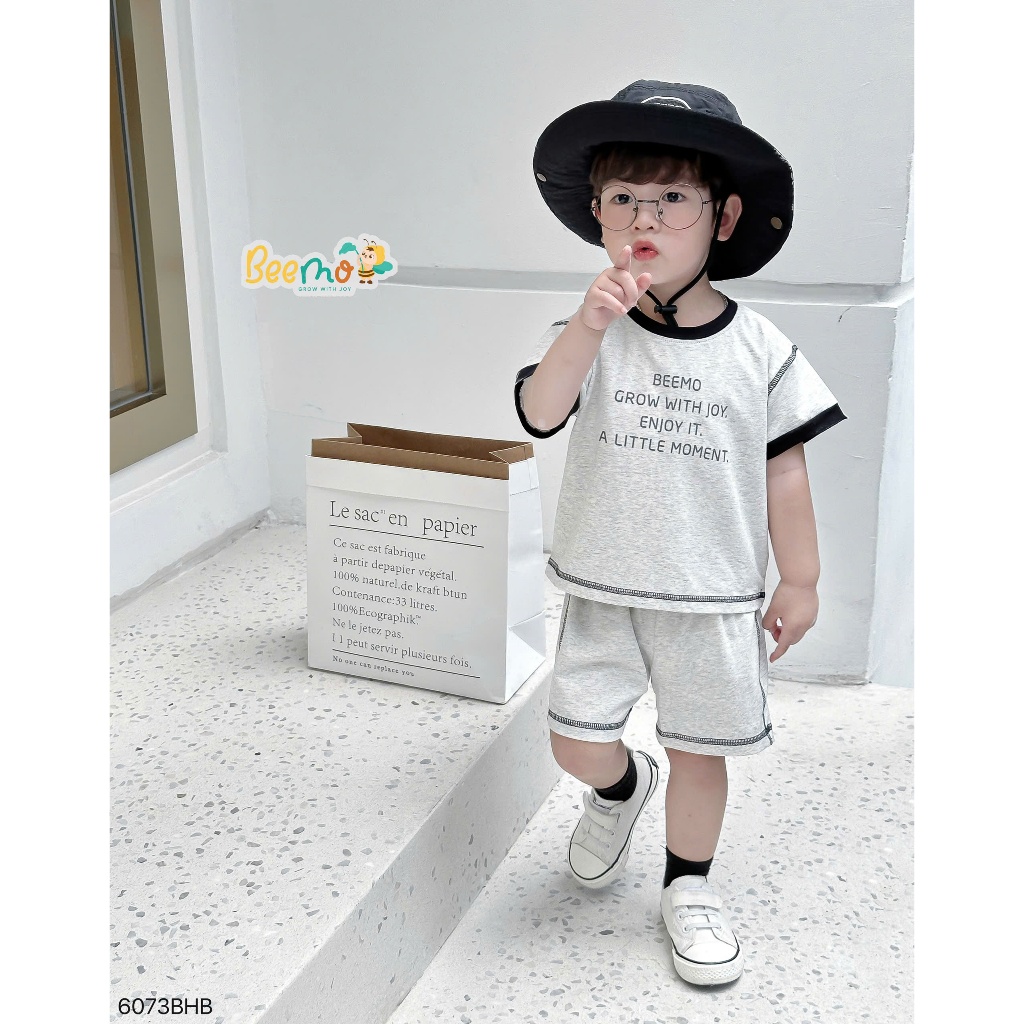 Set cotton cộc tay Beemo phối viền nổi bật họa tiết in chữ cá tinh cho bé trai 9-24kg