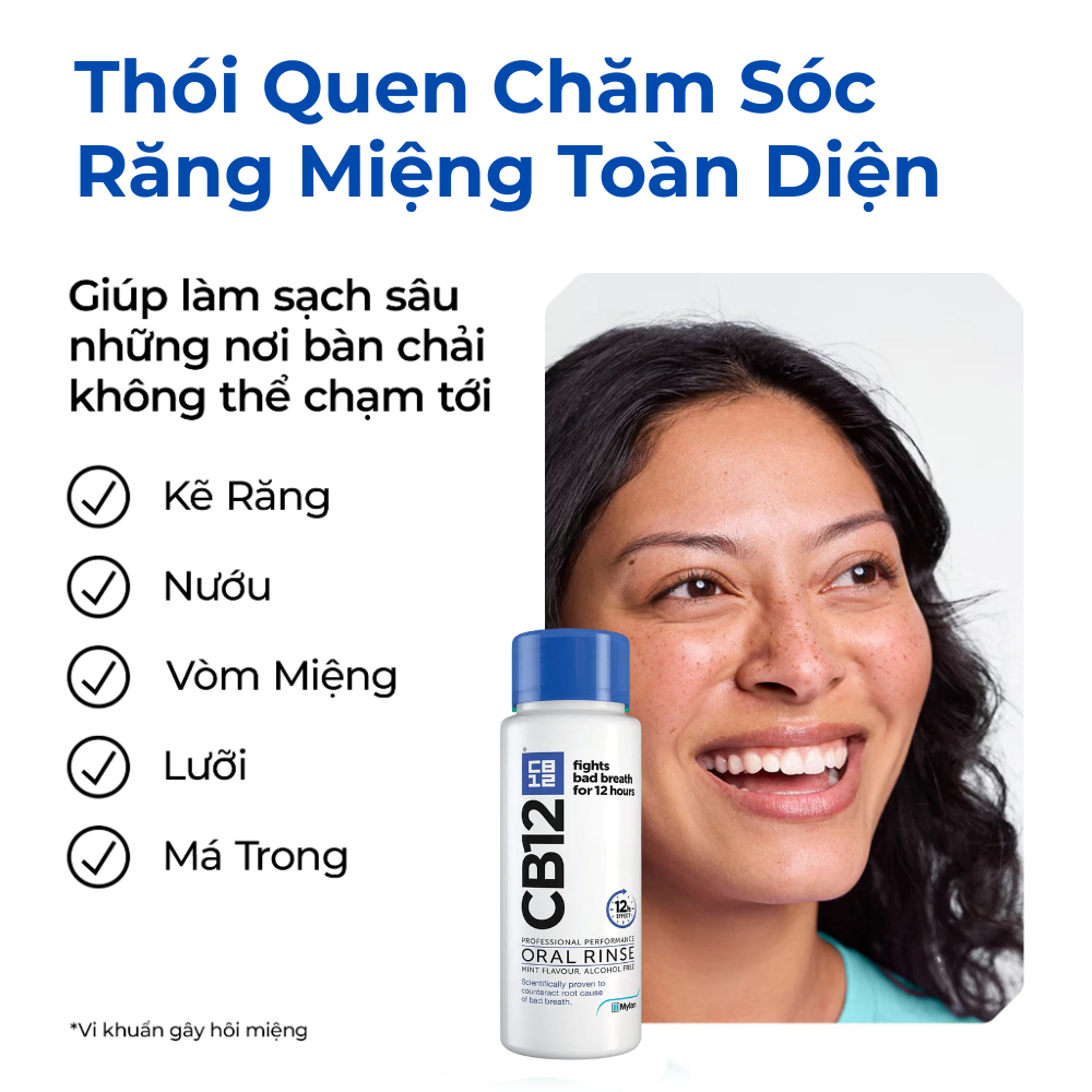 Nước Súc Miệng Kiểm Soát Hơi Thở 12H CB12 Mint Hương Bạc Hà 250ml - Khử Hôi Miệng - Không Cồn, Dịu Nhẹ