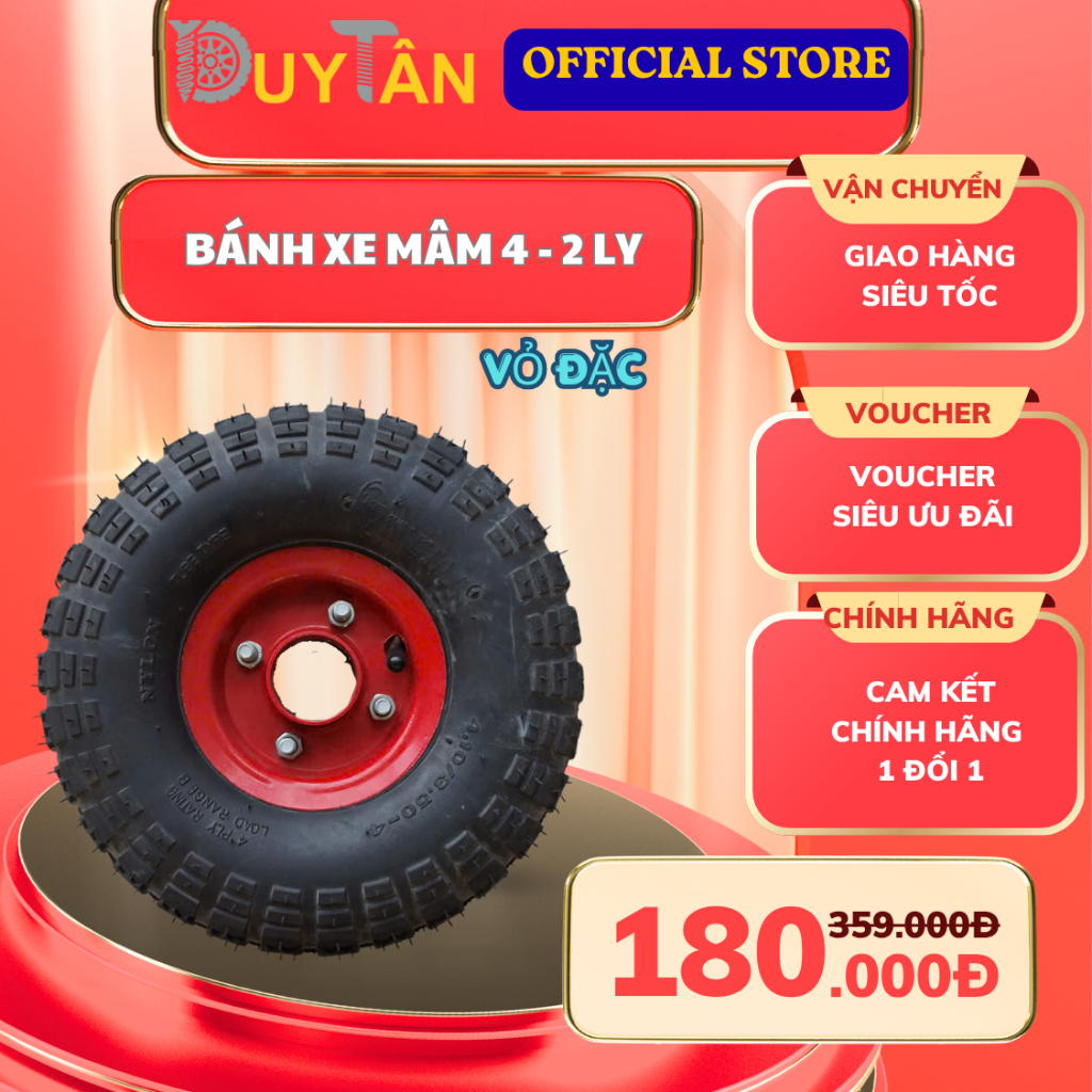 Bánh Xe Rùa Mâm 4 Cơ Khí Duy Tân – Sắt Dày 2 Ly, Chịu Tải 1T9, Đường Kính Vỏ 26cm, Ruột Bền – Lăn Êm Công Trình