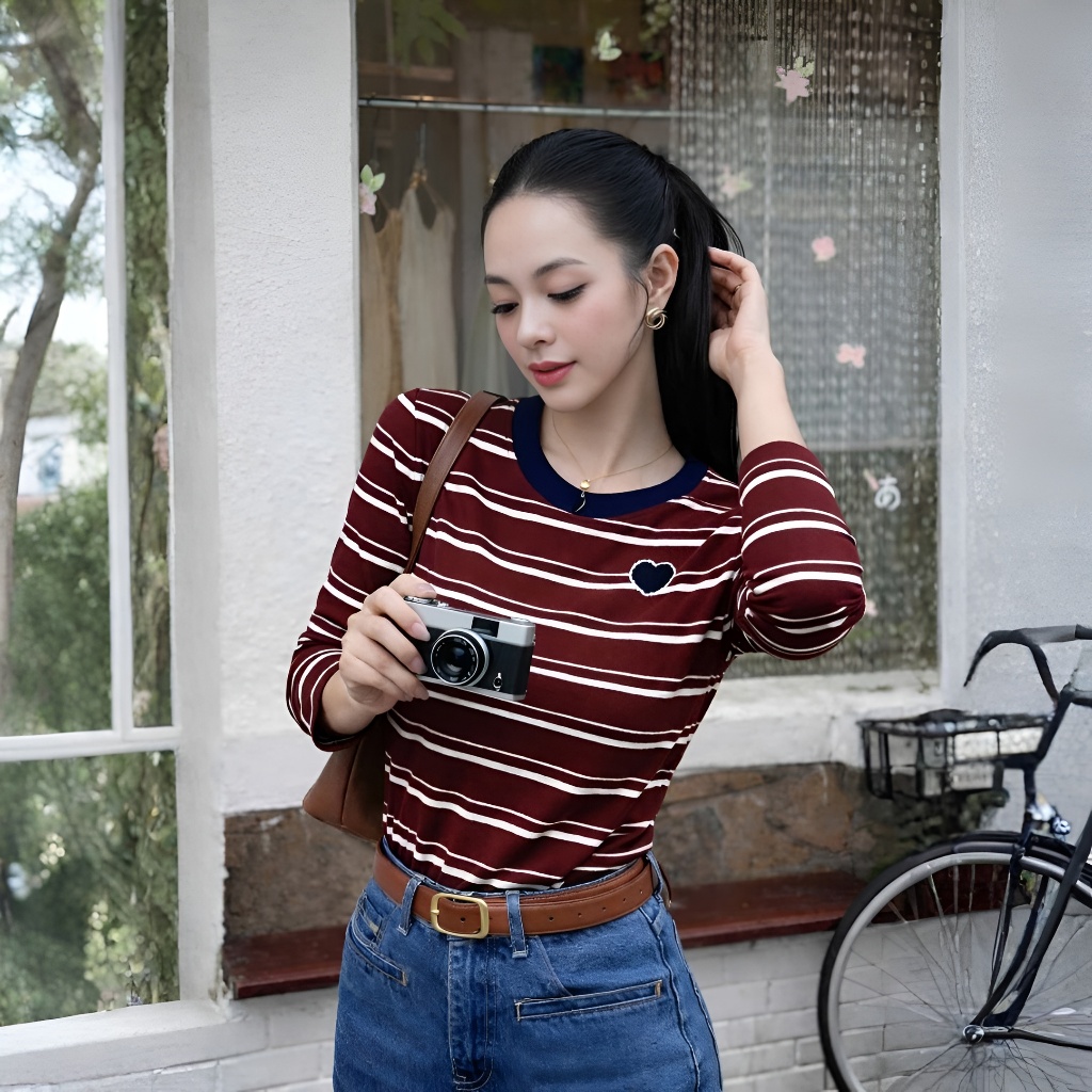 Áo Tay Dài Mirage Sọc Ngang Nhí Đỏ Chất Thun Gân Mềm Mịn Thoáng Mát.