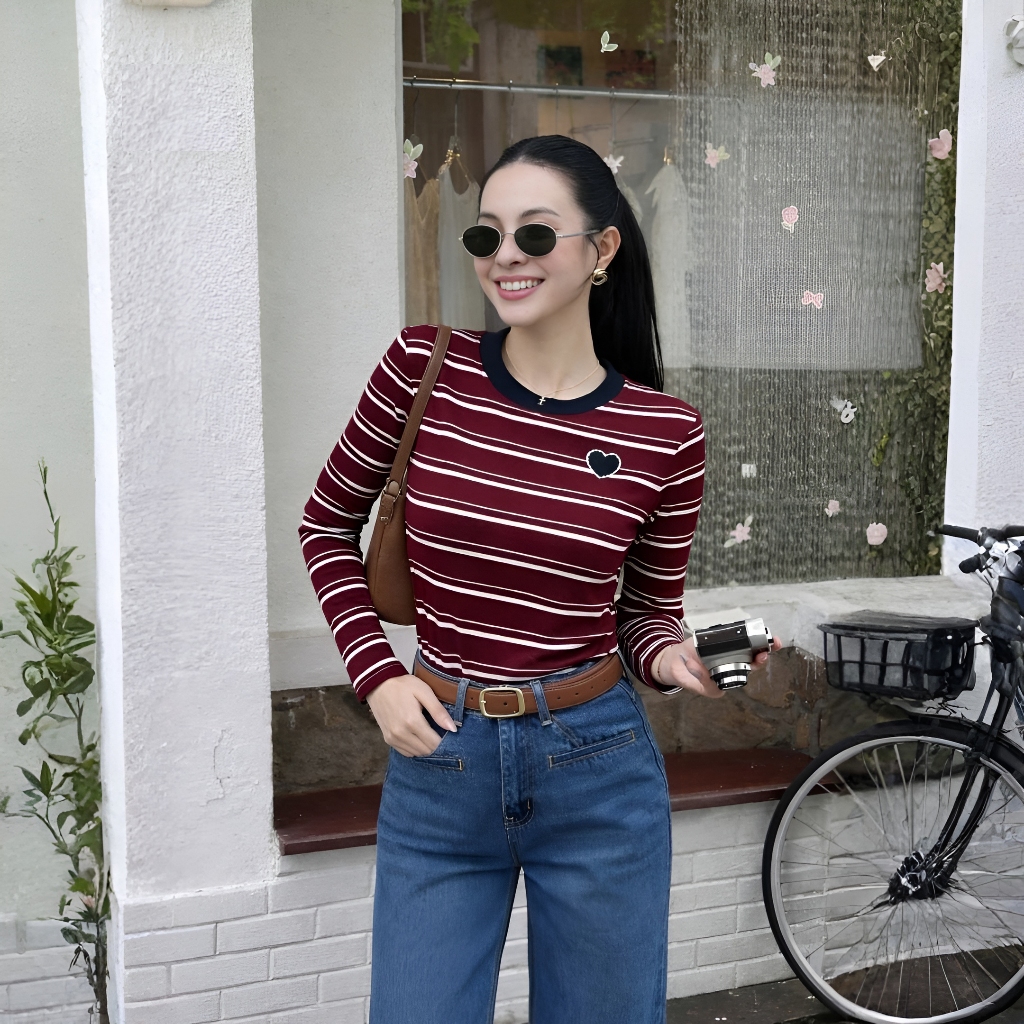Áo Tay Dài Mirage Sọc Ngang Nhí Đỏ Chất Thun Gân Mềm Mịn Thoáng Mát.