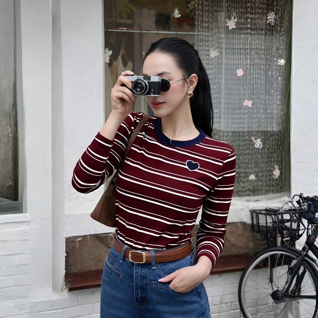 Áo Tay Dài Mirage Sọc Ngang Nhí Đỏ Chất Thun Gân Mềm Mịn Thoáng Mát.