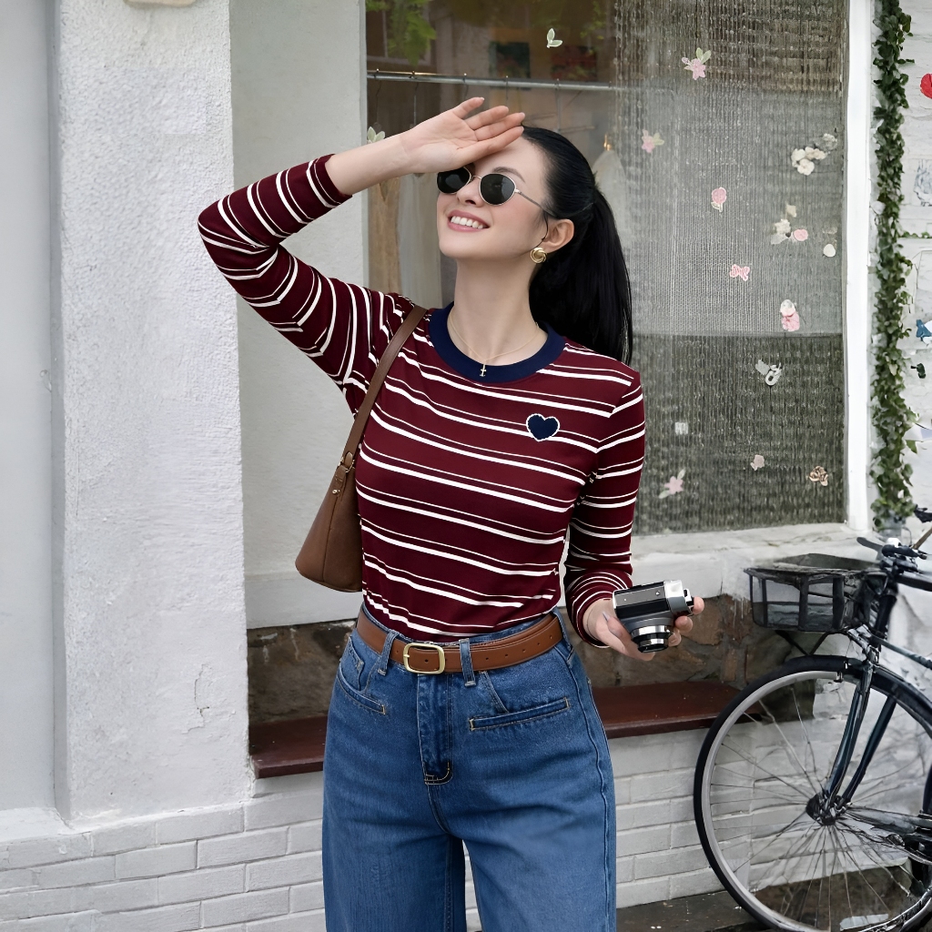 Áo Tay Dài Mirage Sọc Ngang Nhí Đỏ Chất Thun Gân Mềm Mịn Thoáng Mát.