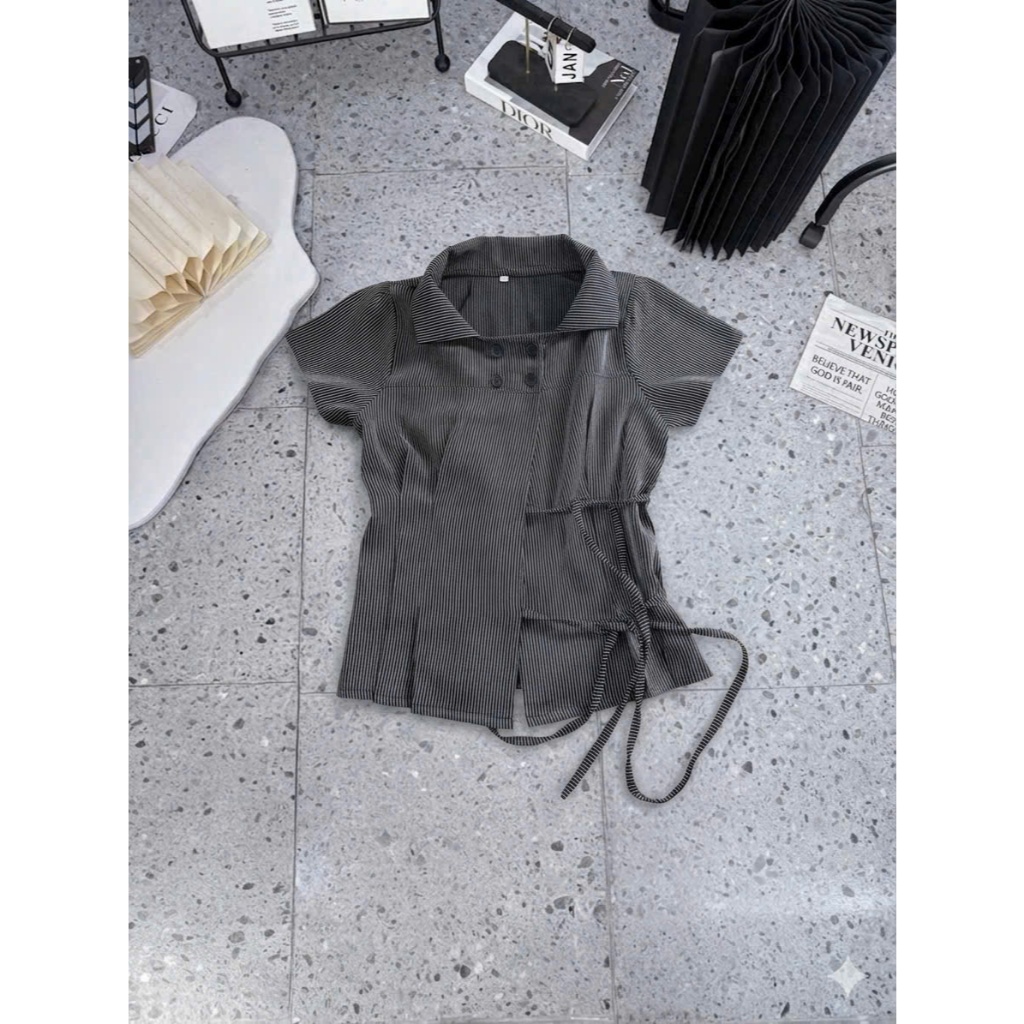 [KH48] Áo sơ mi kiểu nữ Y2K kẻ sọc tăm, Áo cộc tay chiết eo thắt nơ tôn dáng vintage | KHAO BOUTIQUE