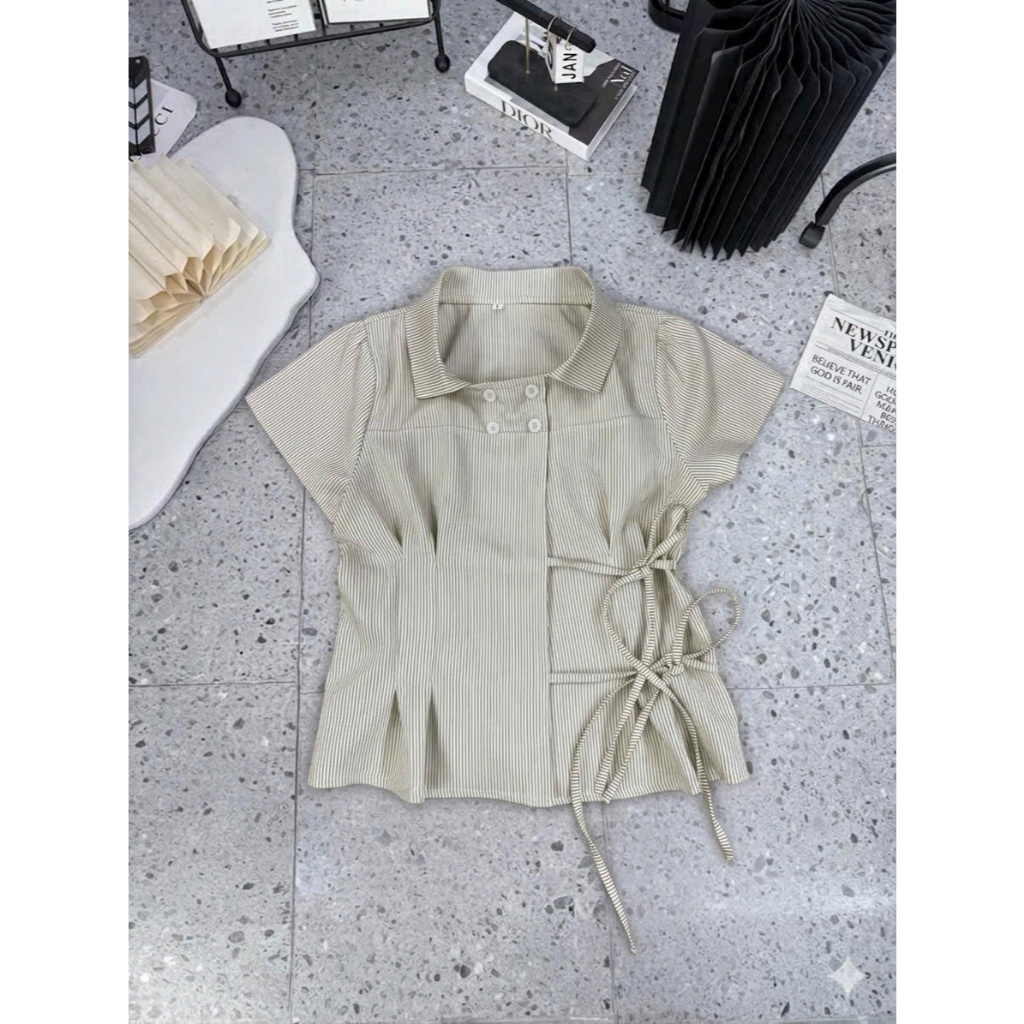 [KH48] Áo sơ mi kiểu nữ Y2K kẻ sọc tăm, Áo cộc tay chiết eo thắt nơ tôn dáng vintage | KHAO BOUTIQUE