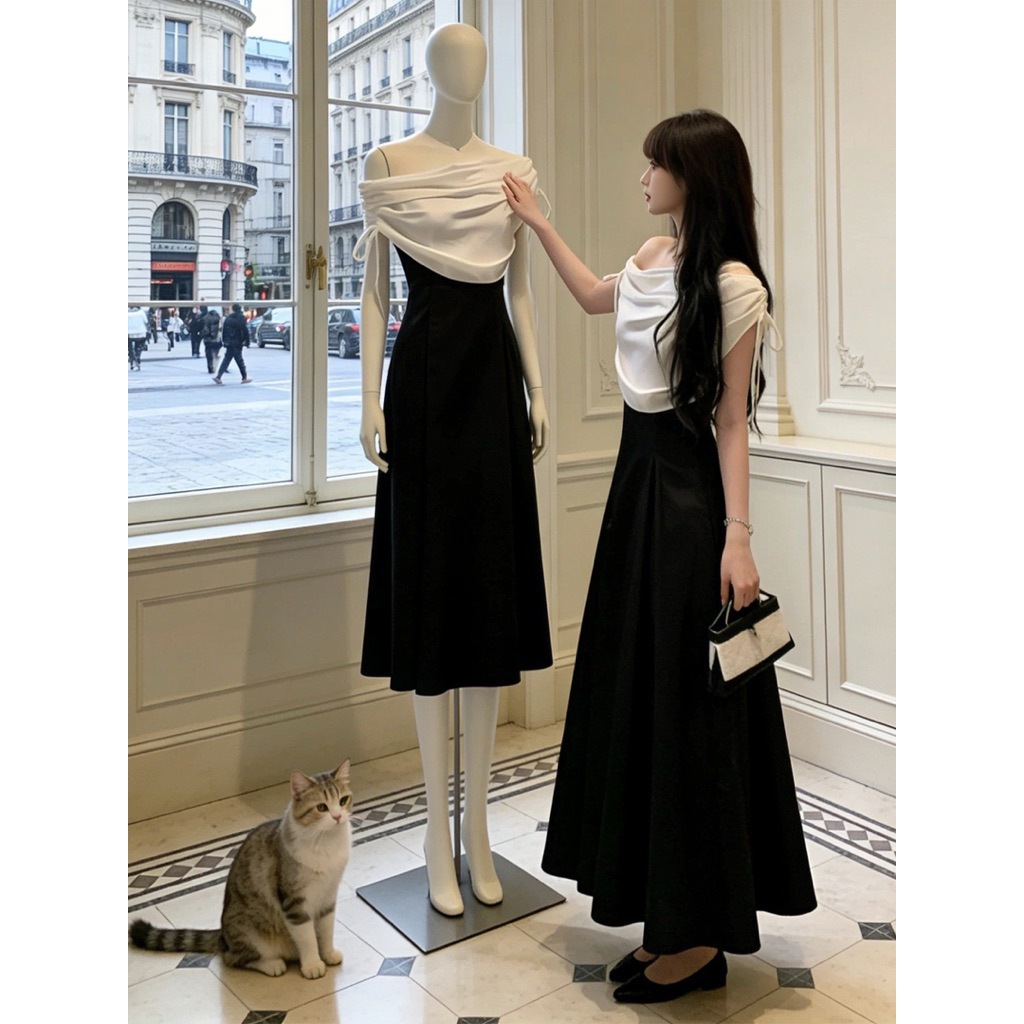 Đầm lụa trễ vai dáng dài trễ vai phong cách tiểu thư sang chảnh, đầm dự tiệc dáng xoè trễ vai Logastore_L103