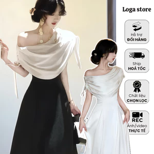 Đầm lụa trễ vai dáng dài trễ vai phong cách tiểu thư sang chảnh, đầm dự tiệc dáng xoè trễ vai Logastore_L103