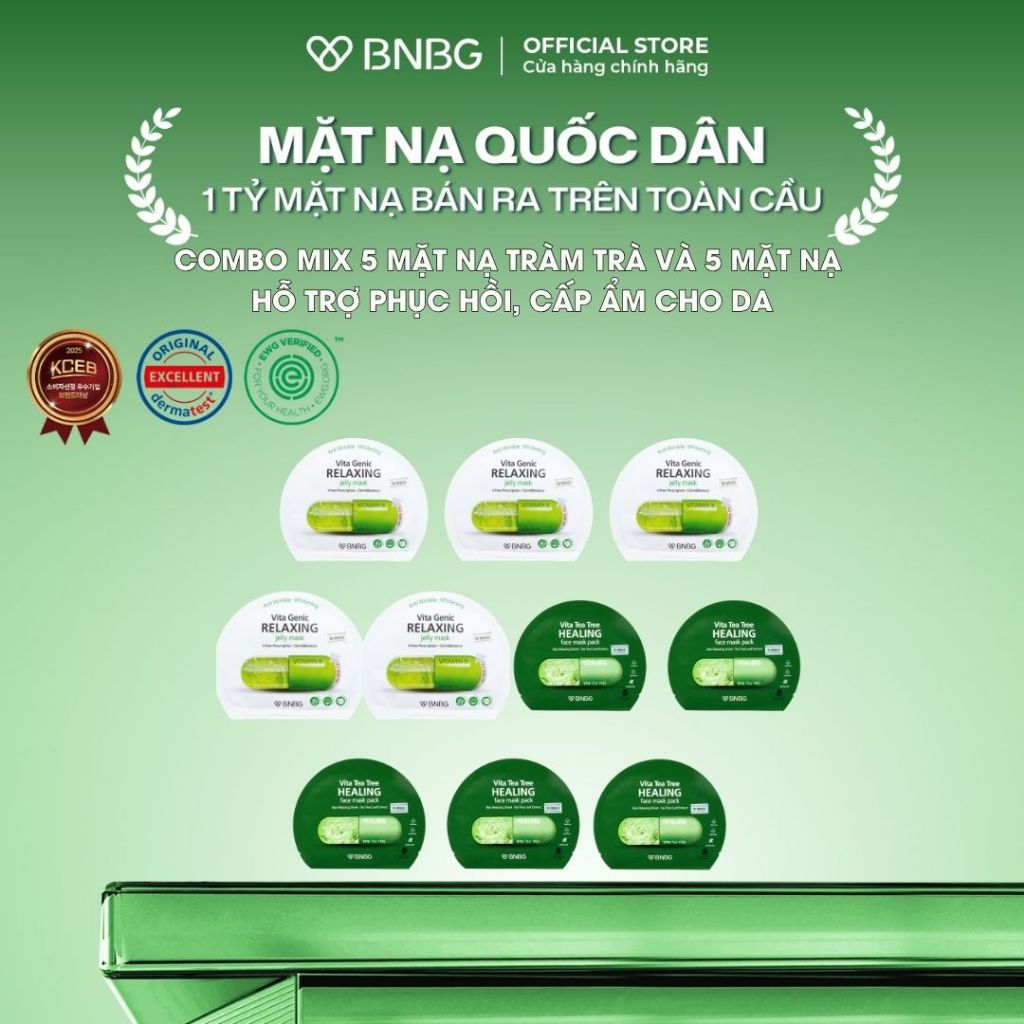 (KOL) Combo Mix BNBG Mặt Nạ Tràm Trà và Mặt Nạ Relaxing Hỗ Trợ Làm Dịu, Phục HồI Da 30mlx10 (5 Tràm Trà và 5 Xanh Lá)