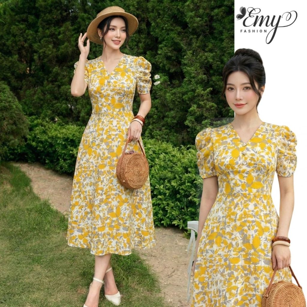 Đầm Hoa Mùa Hè EMY EM9740 - Chất Mango Họa Tiết Lá Vàng Thanh Lịch Sang Trọng