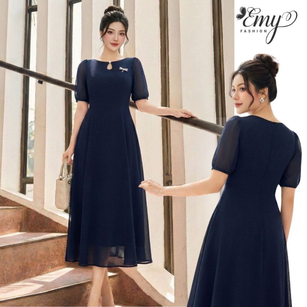 Đầm Thiết Kế Cao Cấp EMY EM2253 - Vải Chiffon Xanh Đen Sang Chảnh, Thanh Lịch Đi Tiệc