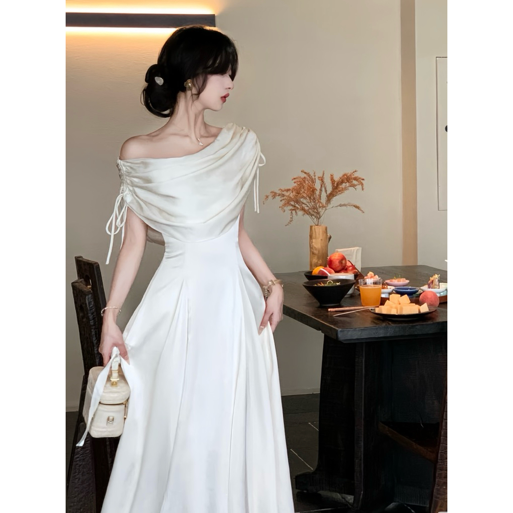 Đầm lụa trễ vai dáng dài trễ vai phong cách tiểu thư sang chảnh, đầm dự tiệc dáng xoè trễ vai Logastore_L103