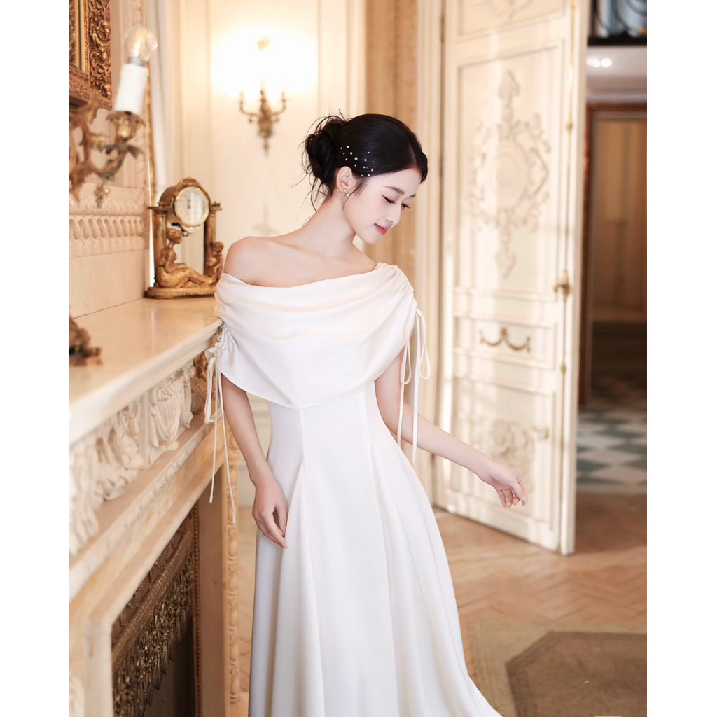 Đầm lụa trễ vai dáng dài trễ vai phong cách tiểu thư sang chảnh, đầm dự tiệc dáng xoè trễ vai Logastore_L103