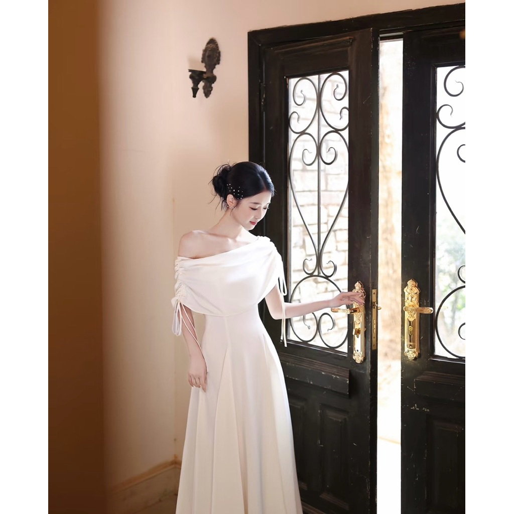 Đầm lụa trễ vai dáng dài trễ vai phong cách tiểu thư sang chảnh, đầm dự tiệc dáng xoè trễ vai Logastore_L103