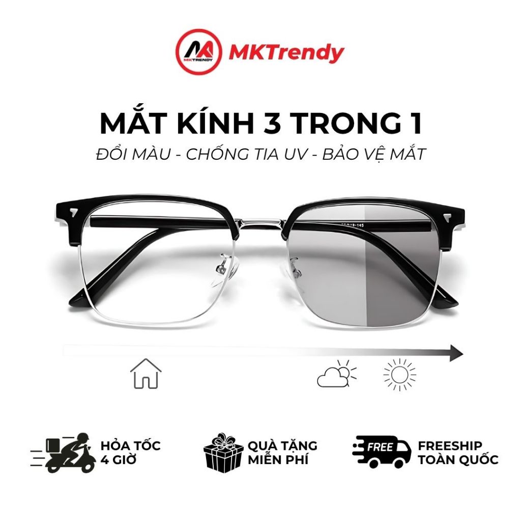 Kính đổi màu MKTRENDY gọng kính cận kim loại chữ V chống ánh sáng xanh chống tia UV thời trang nam nữ X15